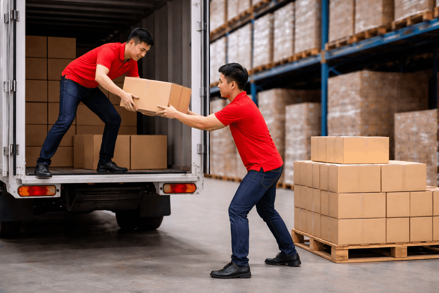 So sánh giá bốc xếp theo giờ và theo khối lượng qua hình ảnh hai công nhân bốc xếp hàng thủ công trong kho