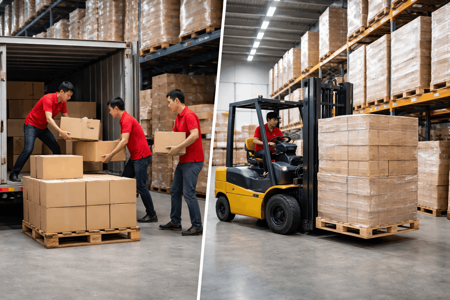 So sánh giá bốc xếp theo giờ và theo khối lượng qua hình ảnh công nhân bốc xếp thủ công và sử dụng xe nâng trong kho