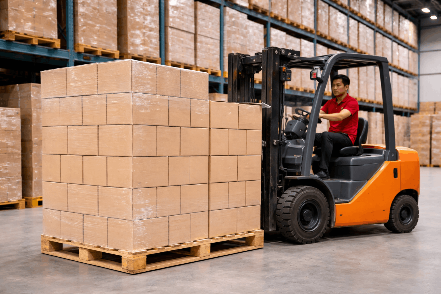 So sánh giá bốc xếp theo giờ và theo khối lượng qua hình ảnh xe nâng xử lý hàng pallet số lượng lớn trong kho