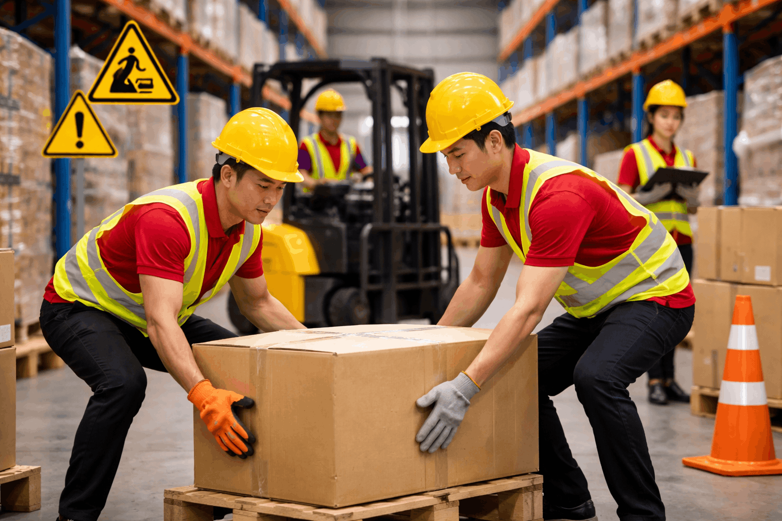 An toàn trong bốc xếp hàng hóa với nhân công sử dụng đồ bảo hộ và nâng hàng đúng kỹ thuật