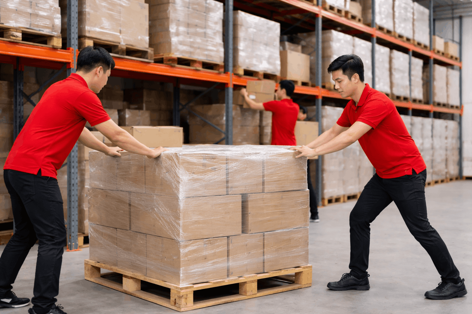 Nhân công bốc xếp An Giang đang sắp xếp hàng hóa tại kho xưởng chuyên nghiệp và an toàn