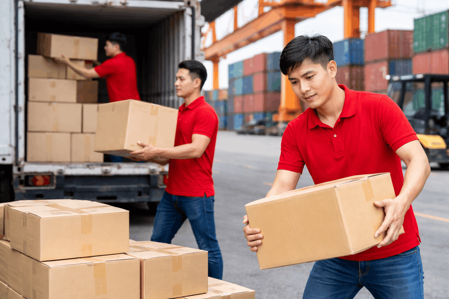 Bốc xếp container thực tế tại kho với đội ngũ nhân công chuyên nghiệp