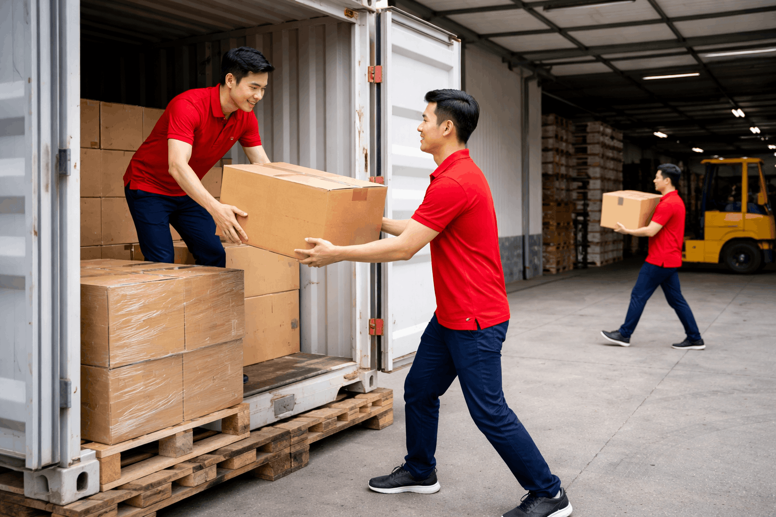 Bốc xếp hàng hóa container bằng nhân công tại kho