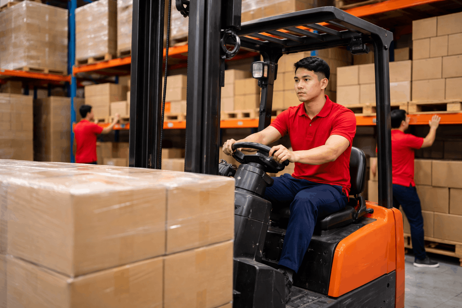 Bốc xếp hàng hóa bằng xe nâng trong kho chuyên nghiệp