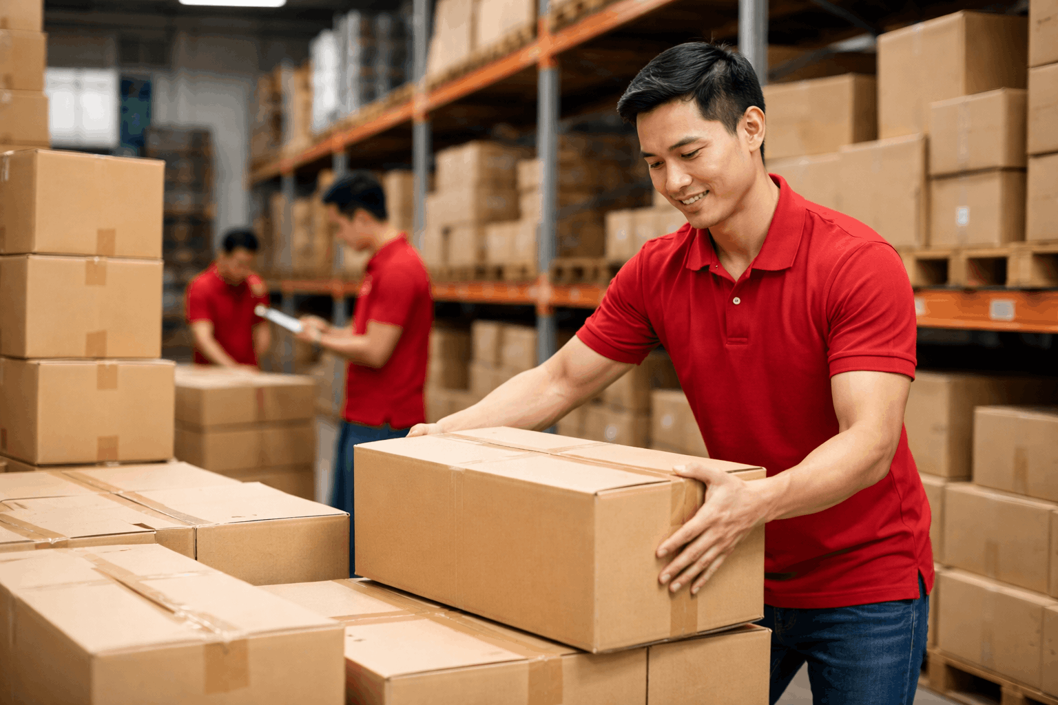 Nhân viên bốc xếp hàng hóa đang sắp xếp thùng carton trong kho hàng