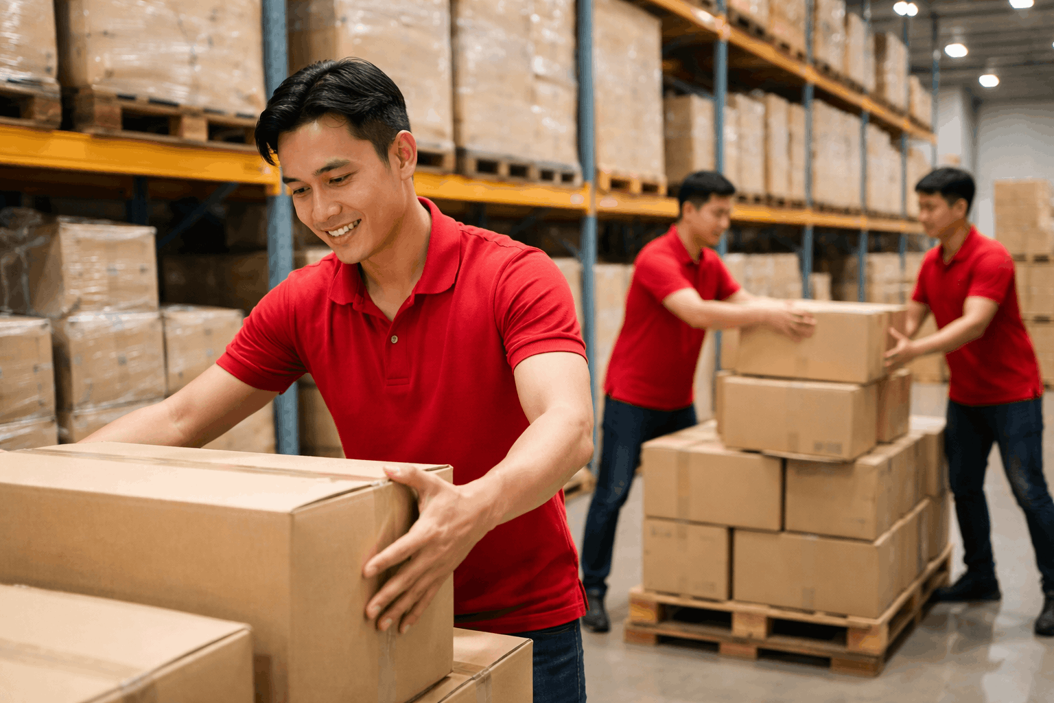 Bốc xếp hàng hóa trong kho bãi với nhân công thực hiện di chuyển và sắp xếp hàng