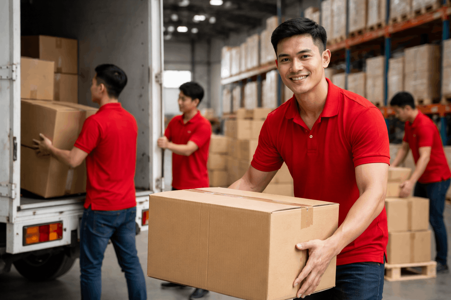 Nhân công bốc xếp Lâm Đồng tại MCX Move đang bốc dỡ hàng hóa nhanh chóng và an toàn trong kho