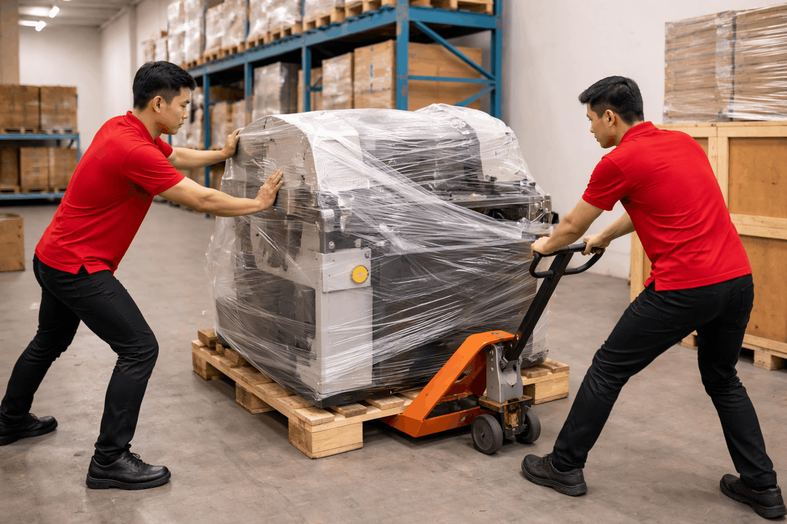 Nhân công bốc xếp Lâm Đồng tại MCX Move đang di chuyển máy móc nặng an toàn trong kho