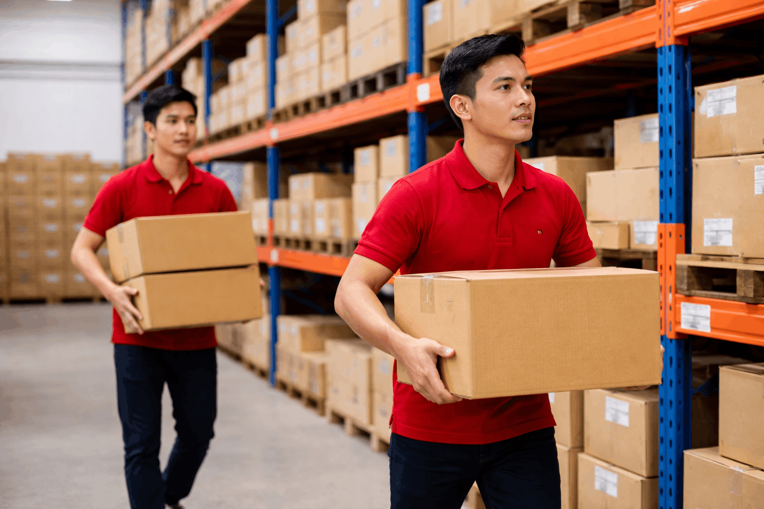 Nhân công di chuyển hàng hóa trong quy trình bốc xếp hàng hóa trong kho đến vị trí lưu trữ