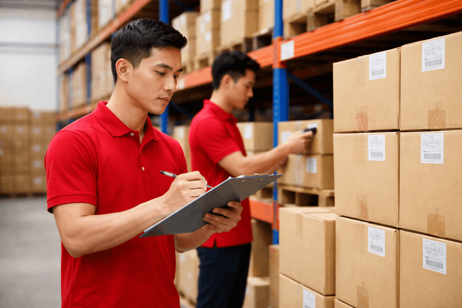 Nhân công kiểm tra hàng hóa trong quy trình bốc xếp hàng hóa trong kho trước khi nhập kho