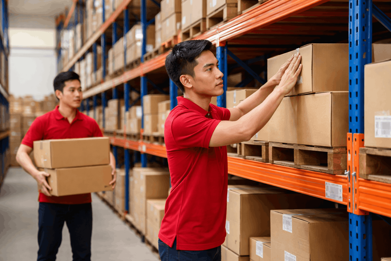 Nhân công thực hiện quy trình bốc xếp hàng hóa trong kho bằng cách phân loại và sắp xếp hàng lên kệ