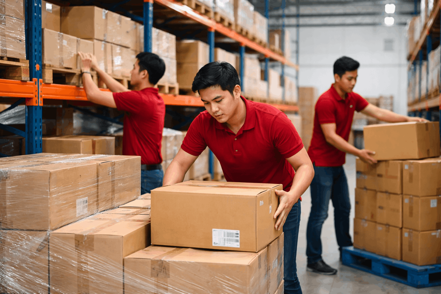 Nhân công thực hiện quy trình bốc xếp hàng hóa trong kho một cách khoa học và an toàn