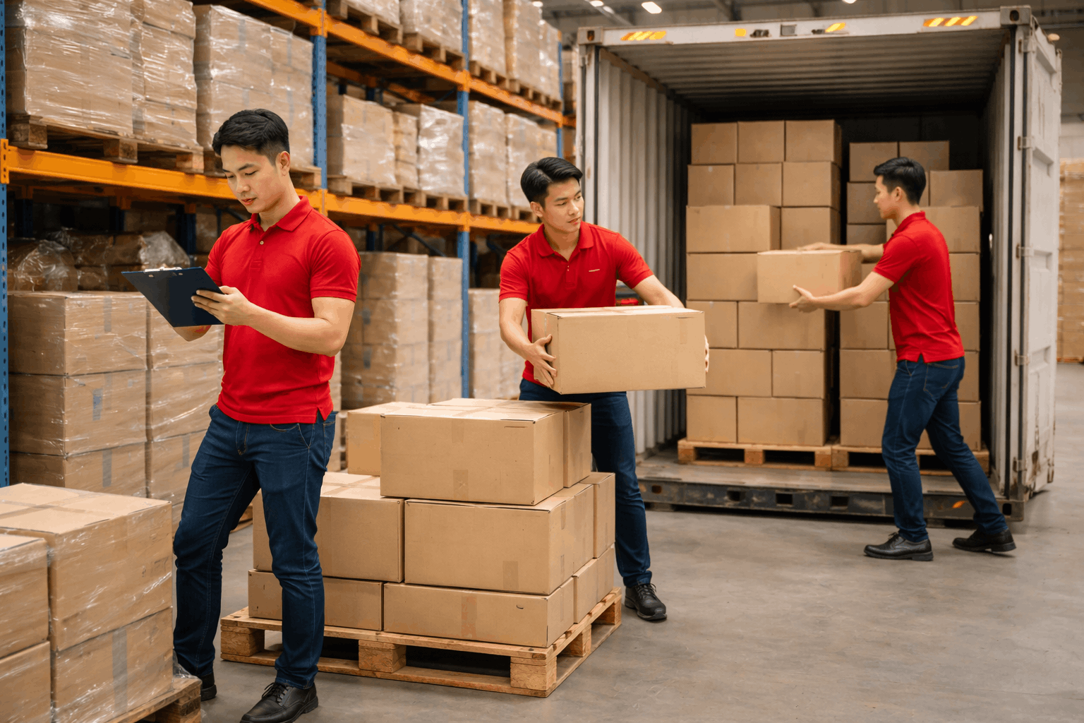 Quy trình bốc xếp hàng hóa trong kho với nhân công thực hiện phân loại và di chuyển hàng