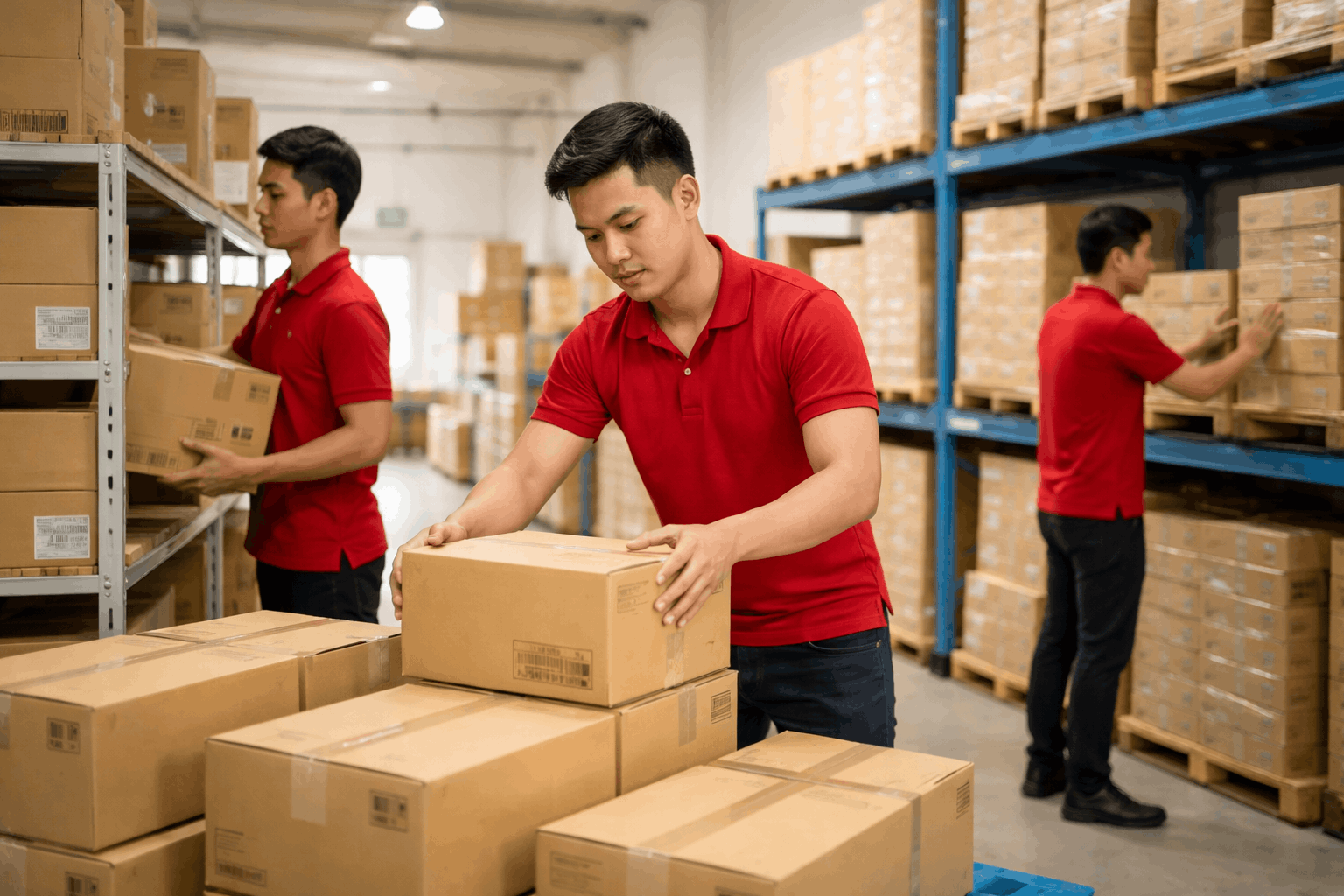 Nhân công bốc xếp Lâm Đồng tại MCX Move đang sắp xếp hàng hóa khoa học trong kho