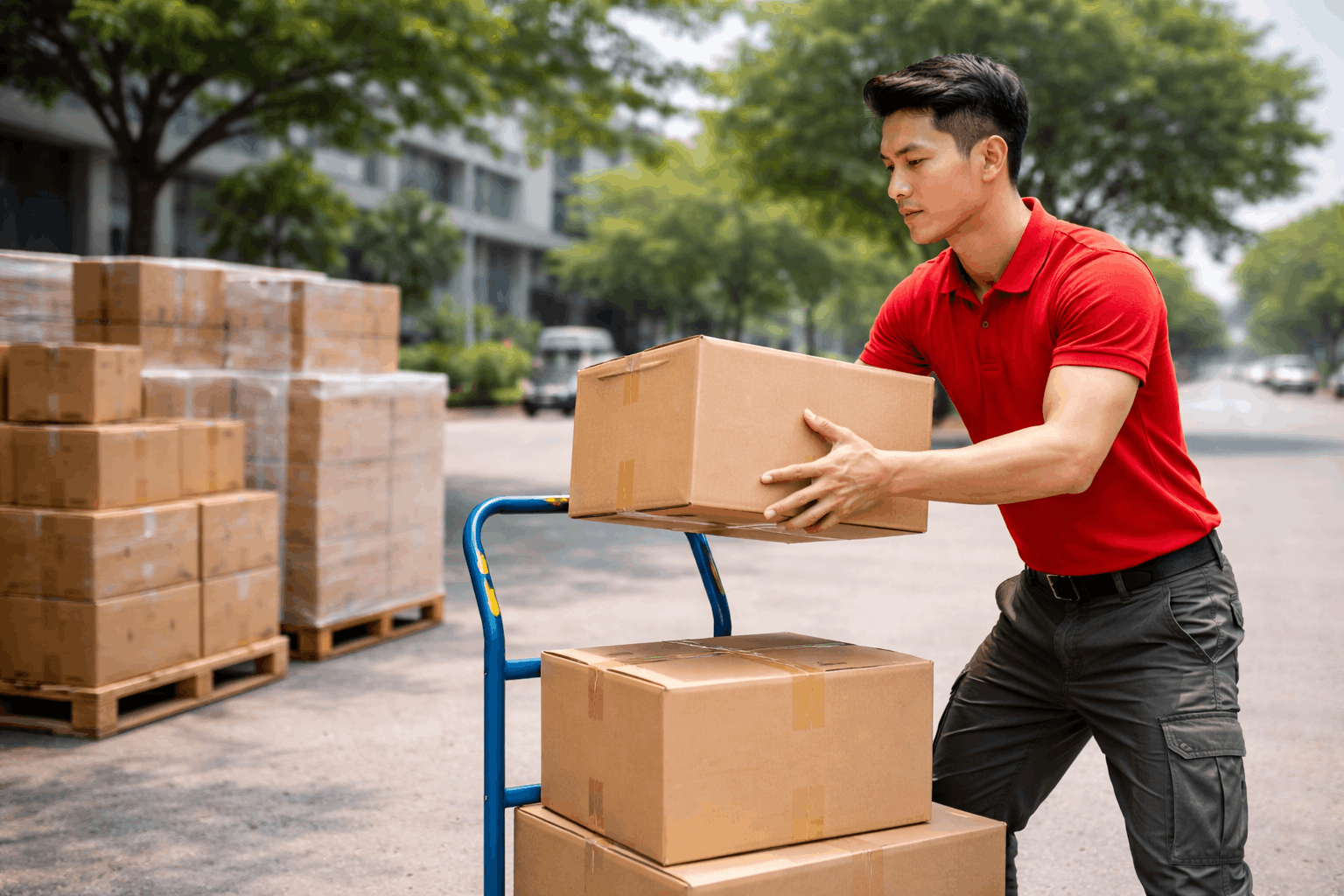 Nhân viên bốc vác đang vận chuyển thùng hàng ngoài trời