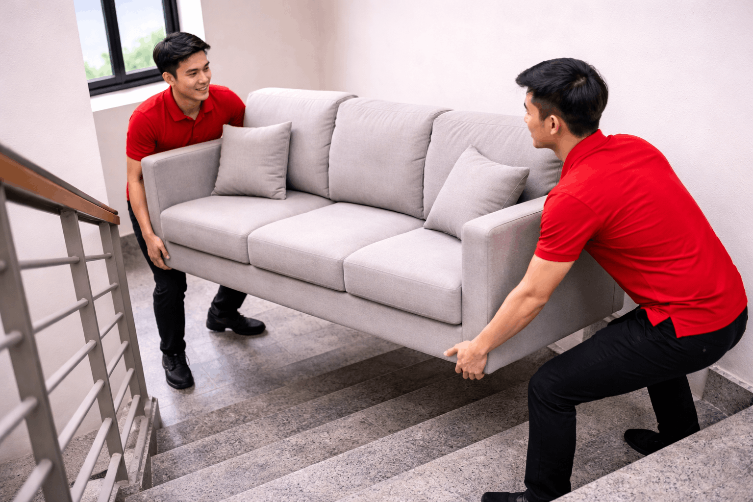Nhân công bốc xếp Lâm Đồng đang khiêng sofa lên lầu an toàn trong nhà