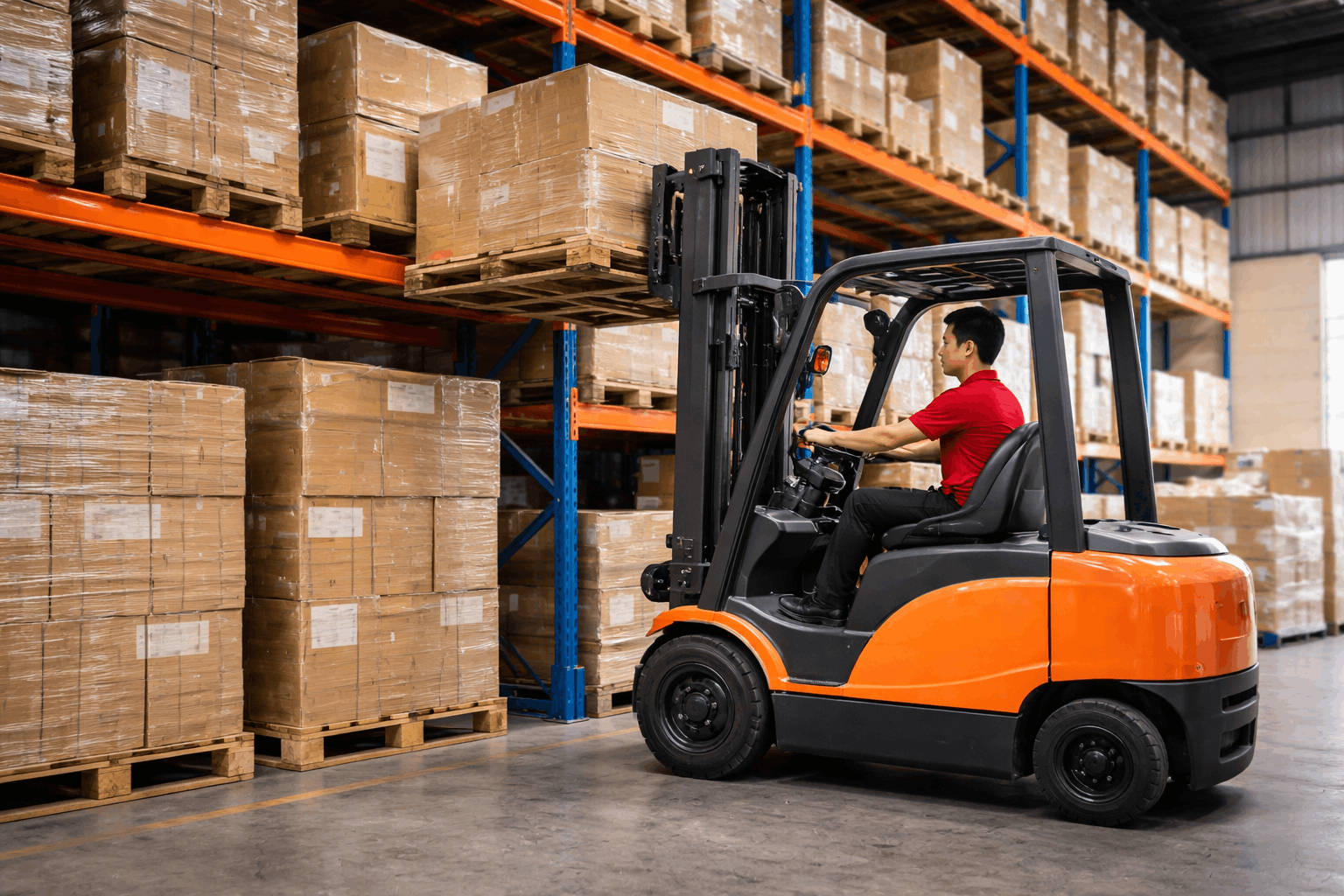 Xe nâng bốc xếp hàng hóa trong kho giúp di chuyển và sắp xếp hàng hóa hiệu quả