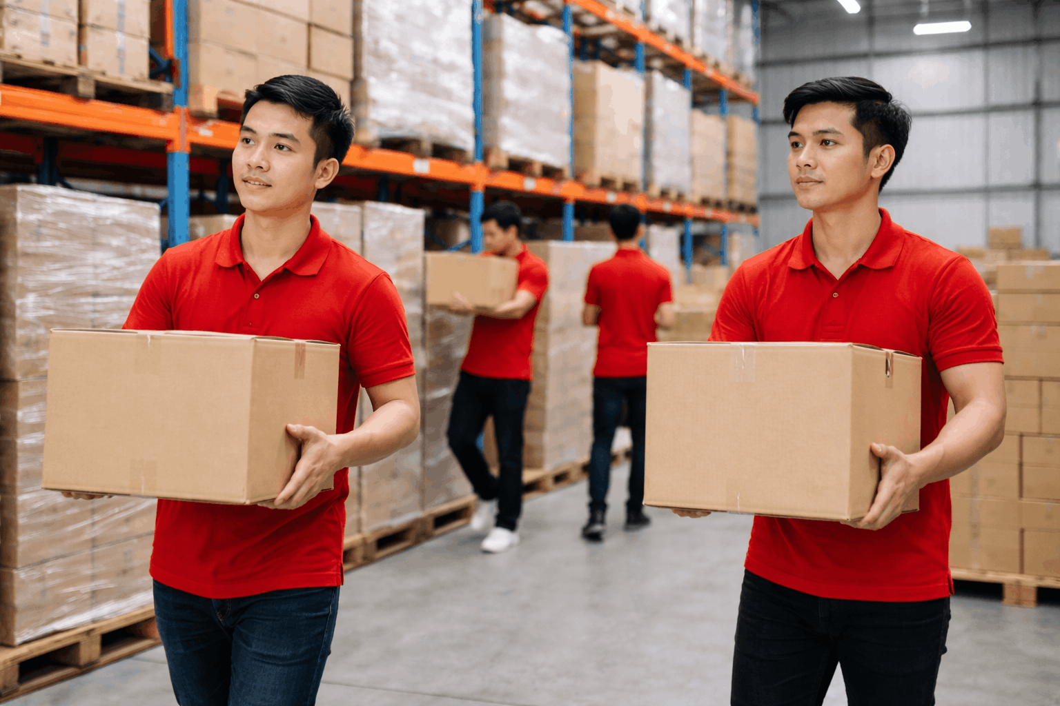 Nhân viên bốc xếp Bình Thuận của MCX Move đang bê thùng hàng trong kho xưởng chuyên nghiệp