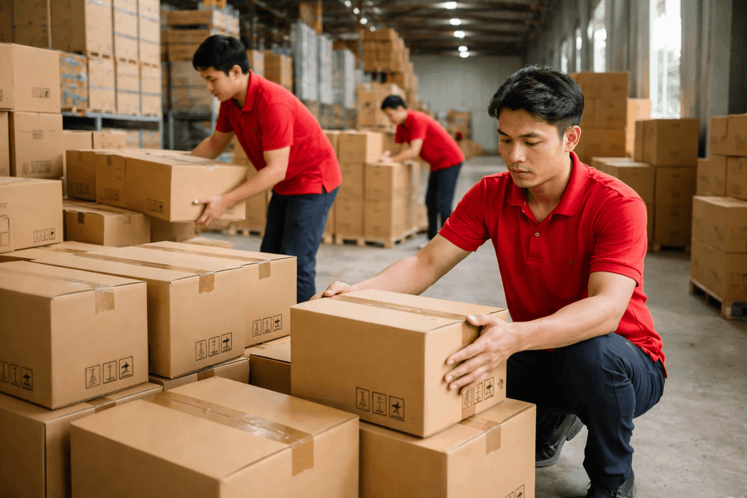 Nhân viên bốc xếp Bình Thuận của MCX Move đang phân loại và sắp xếp thùng hàng trong kho