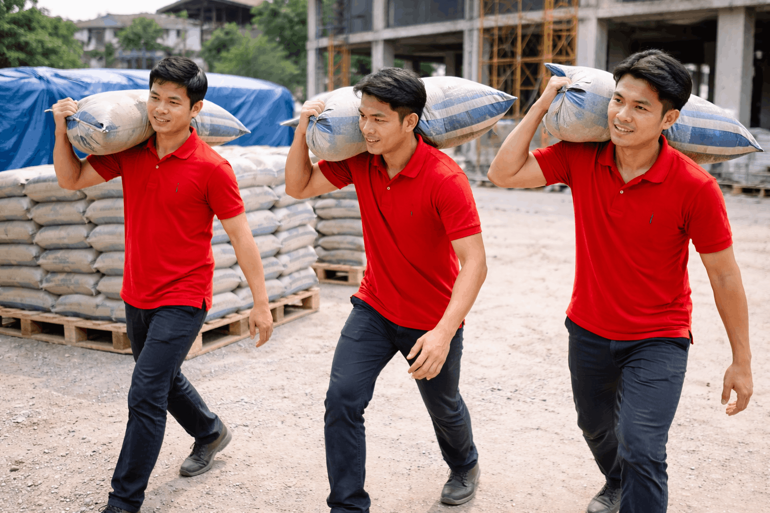 Nhân viên bốc xếp Bình Thuận của MCX Move đang vác bao xi măng tại công trình