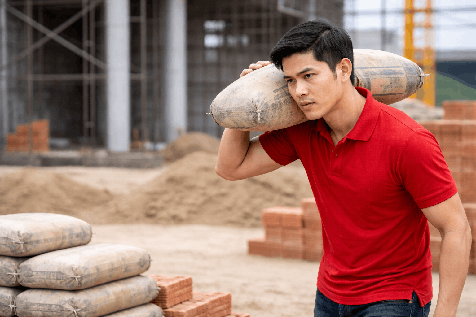 Nhân viên bốc xếp Bình Dương MCX Move vác bao xi măng tại công trình