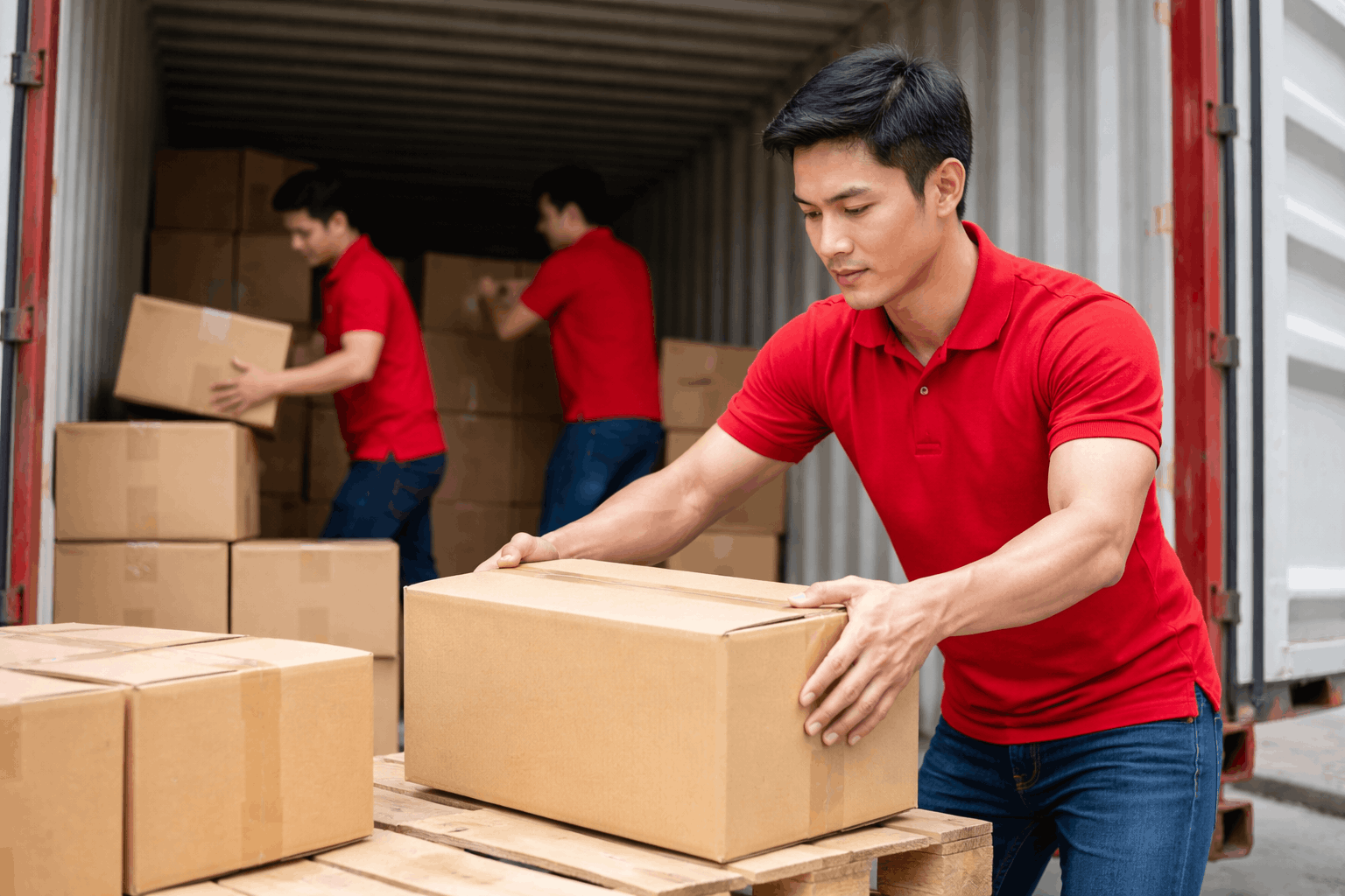 Nhân viên bốc xếp Bình Dương MCX Move dỡ hàng từ container