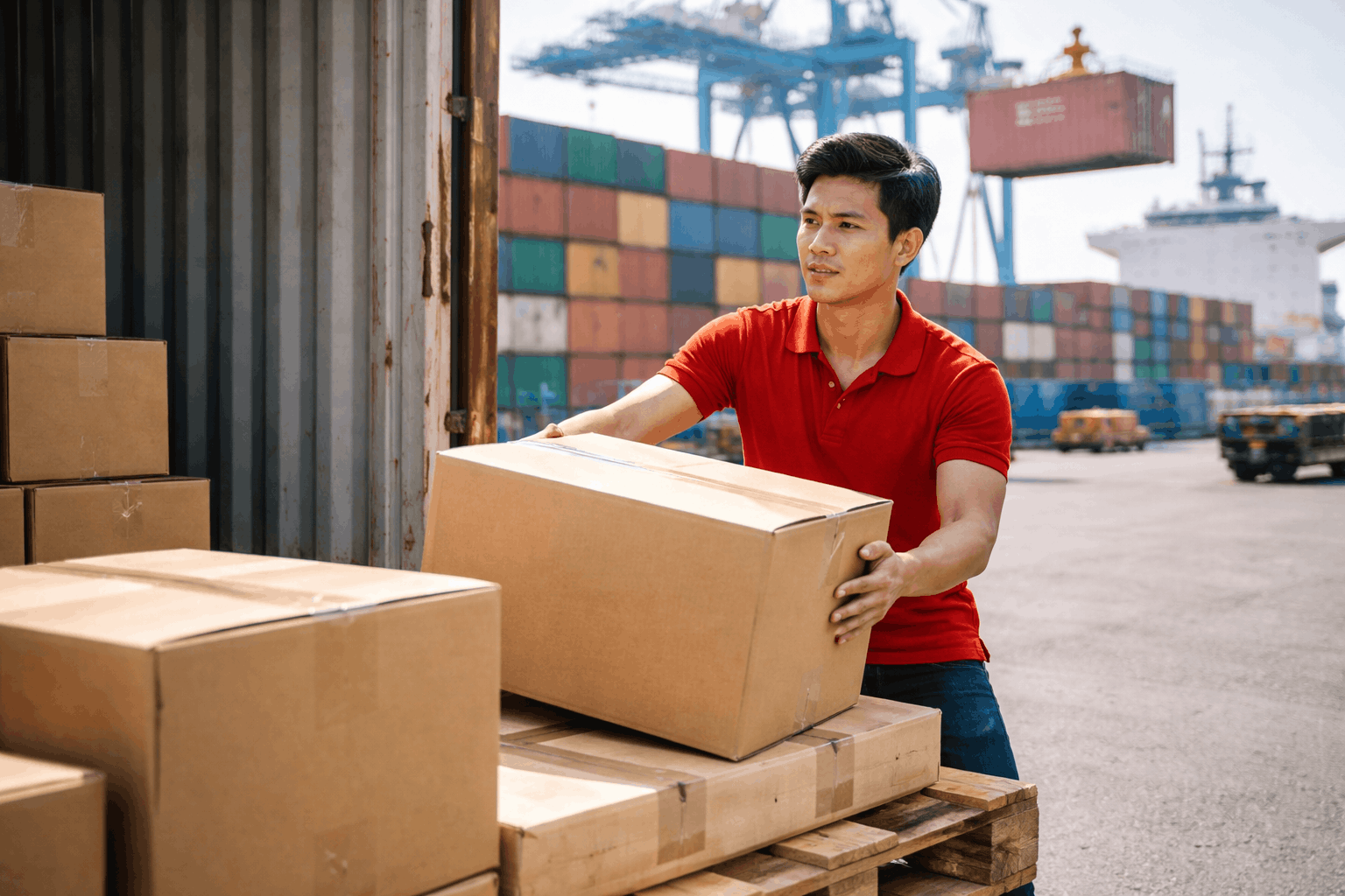 Dịch vụ bốc xếp TPHCM tại cảng với nhân công chuyên nghiệp đang dỡ hàng container