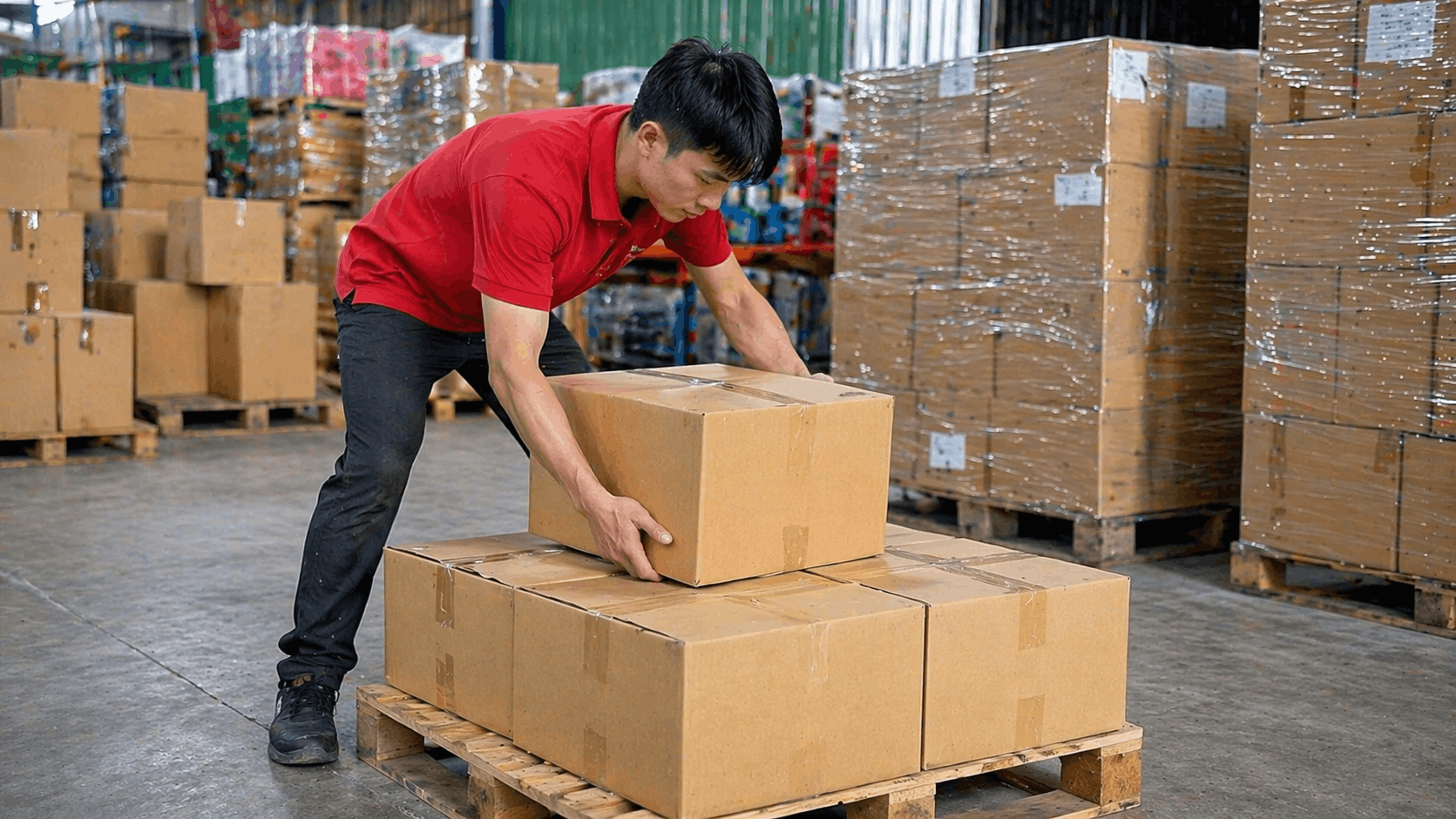 Bốc xếp Hải Dương nhân viên đặt thùng hàng lên pallet trong kho