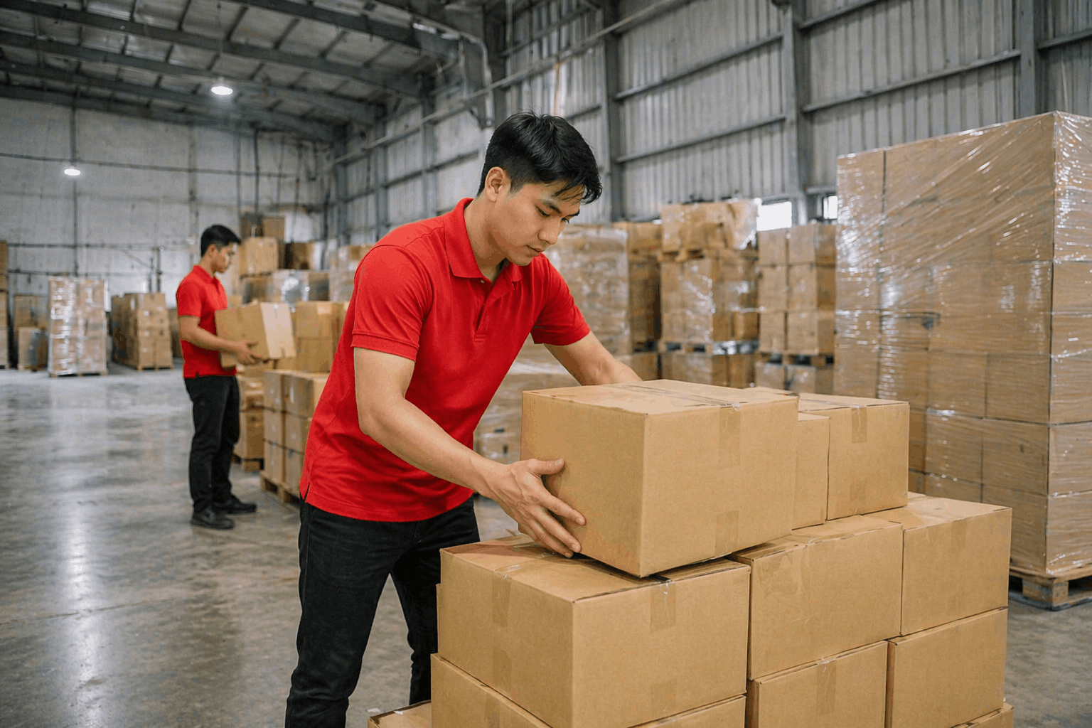 Bốc xếp Hải Dương nhân viên sắp xếp thùng hàng trong kho