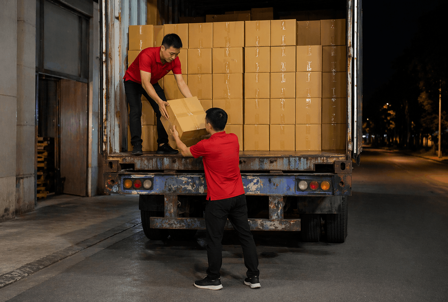 Bốc xếp Hưng Yên nhân viên MCX Move xuống hàng từ xe tải ban đêm