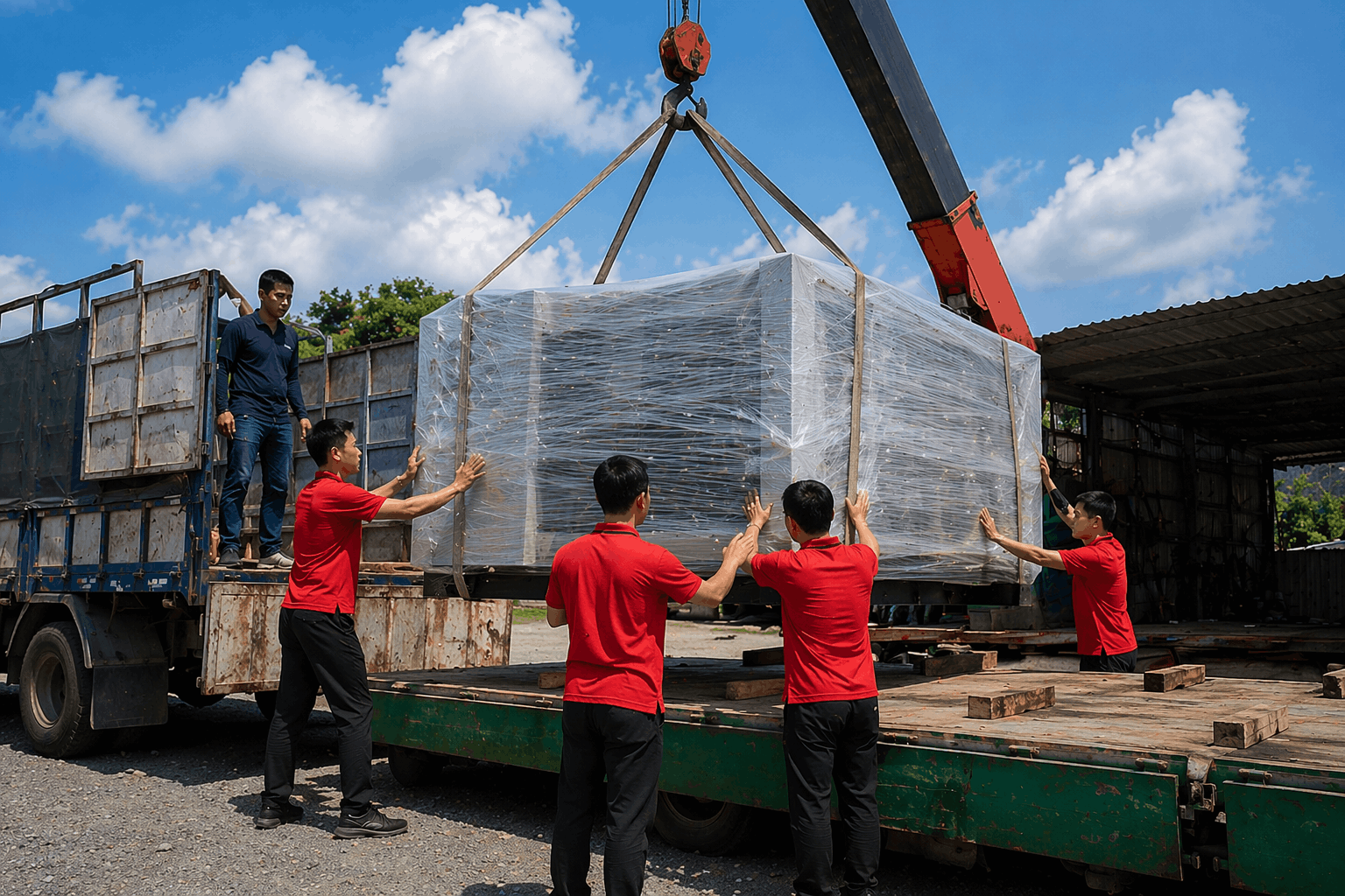 Bốc xếp Khánh Hòa nhân viên MCX Move hỗ trợ cẩu hàng máy móc lên xe tải