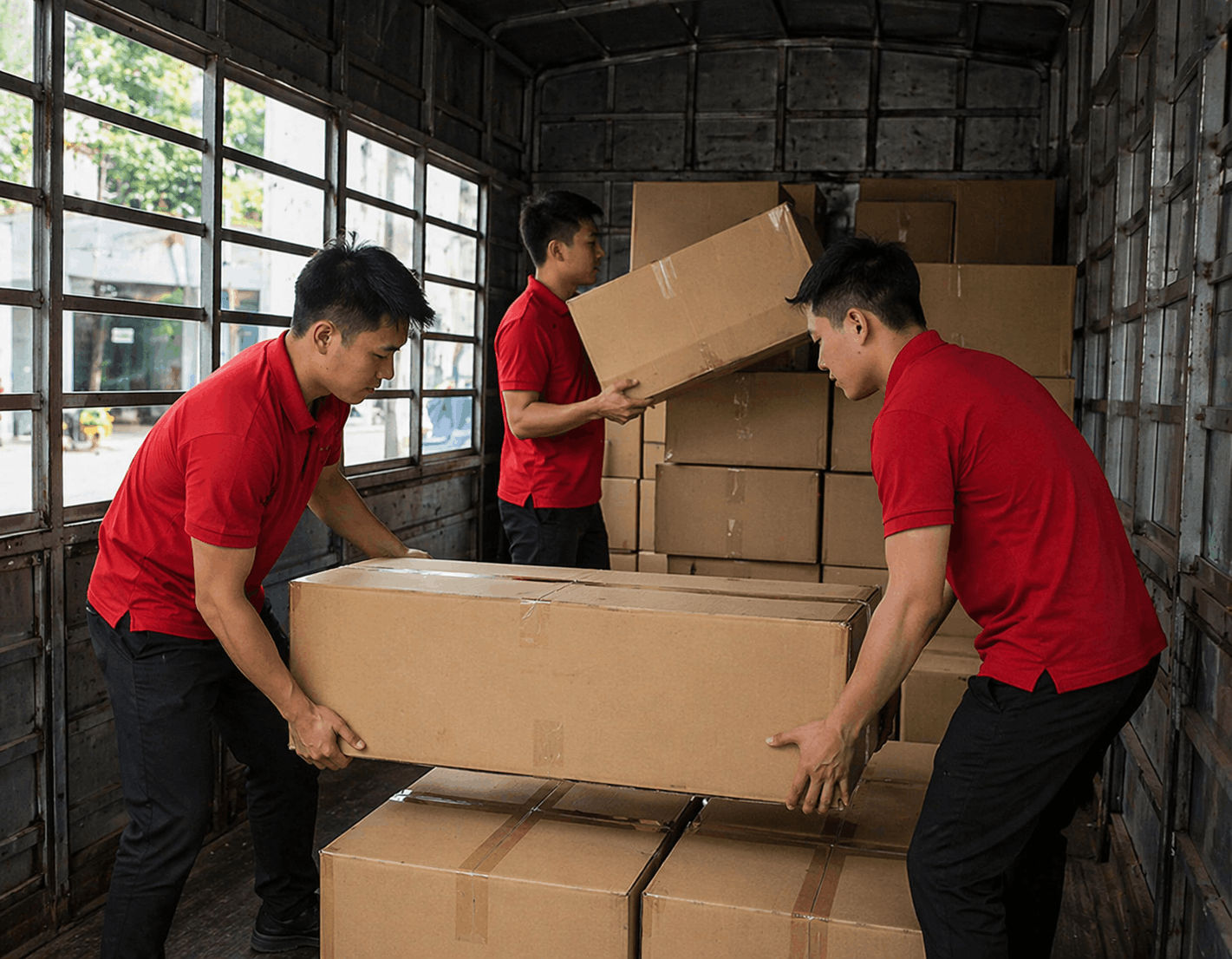 Bốc xếp Khánh Hòa MCX Move cùng khiêng thùng hàng trong xe tải