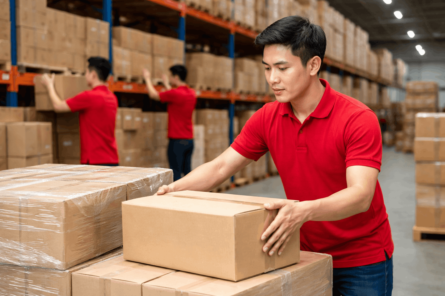 Nhân viên bốc xếp Bình Dương MCX Move sắp xếp hàng hóa trong kho xưởng