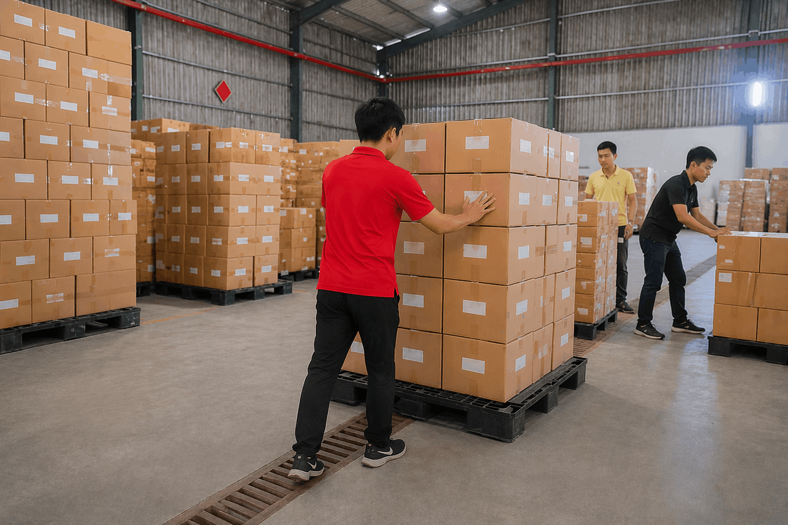 Bốc xếp Nam Định MCX Move sắp xếp thùng hàng trên pallet trong kho gọn gàng
