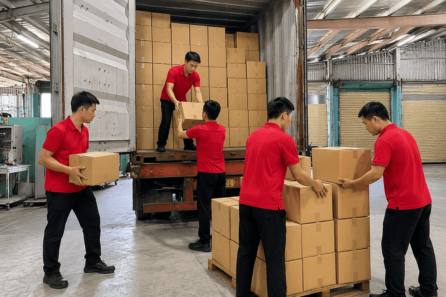 Bốc xếp Ninh Bình trong kho hàng với nhân viên sắp xếp thùng hàng