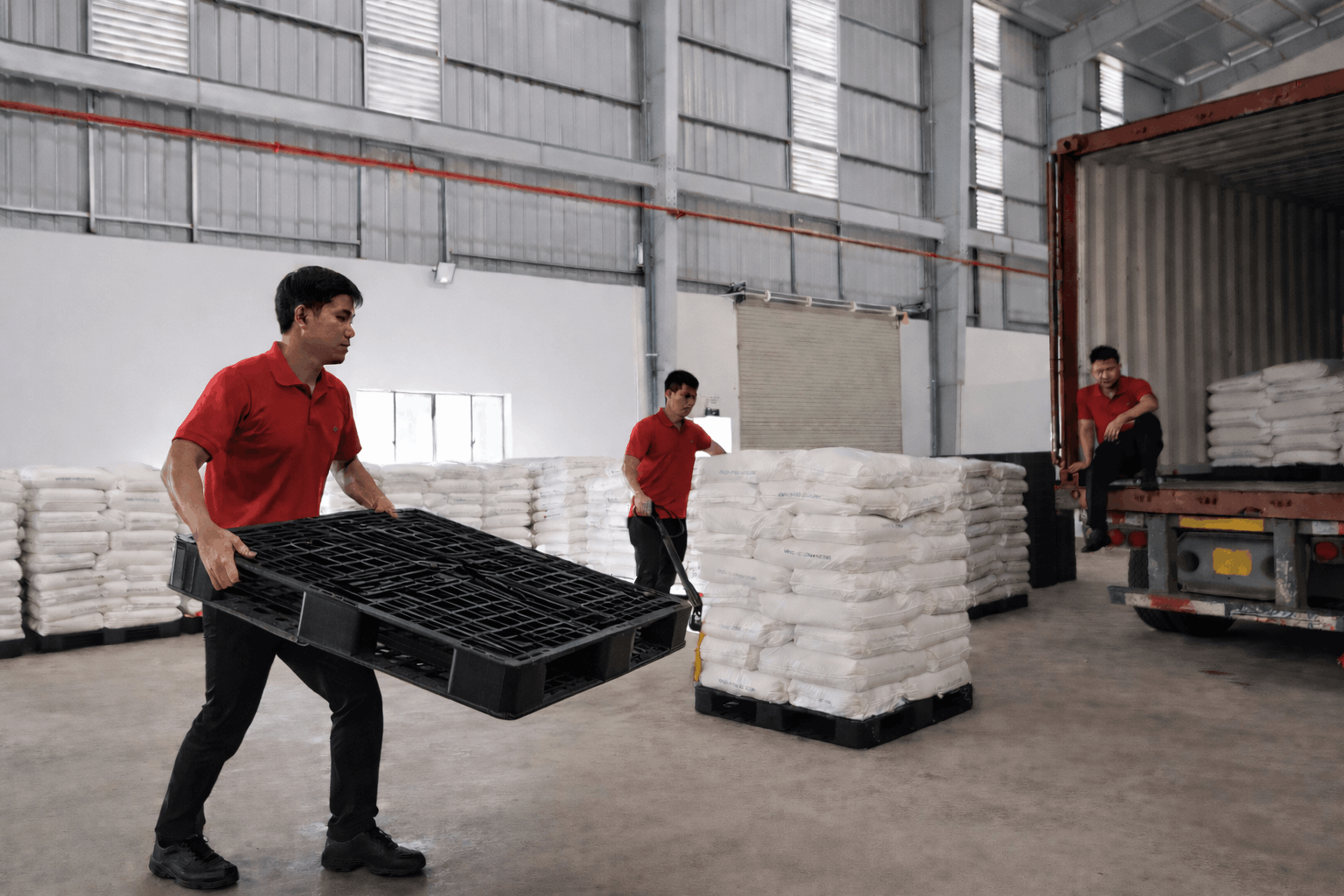 Dịch vụ bốc xếp Quảng Ngãi, MCX Move, nhân công nam vận chuyển pallet nhựa trong kho hàng chuyên nghiệp.