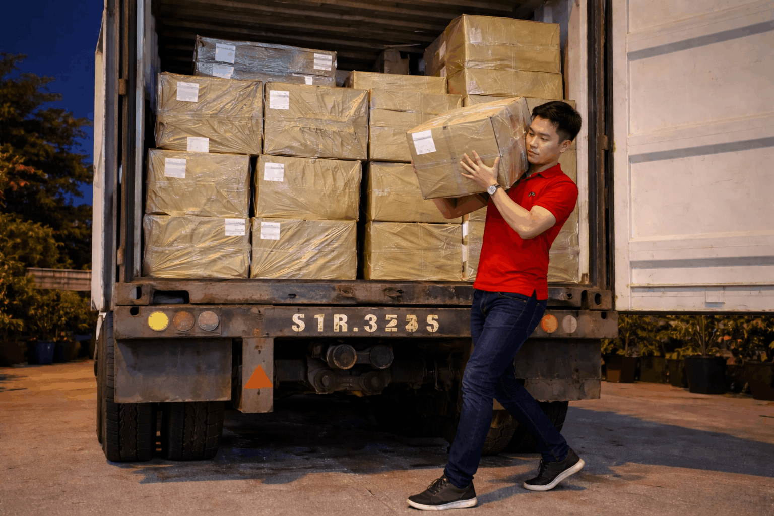 Nhân công bốc xếp Thái Bình của MCX Move đang rinh vác hàng hóa từ container