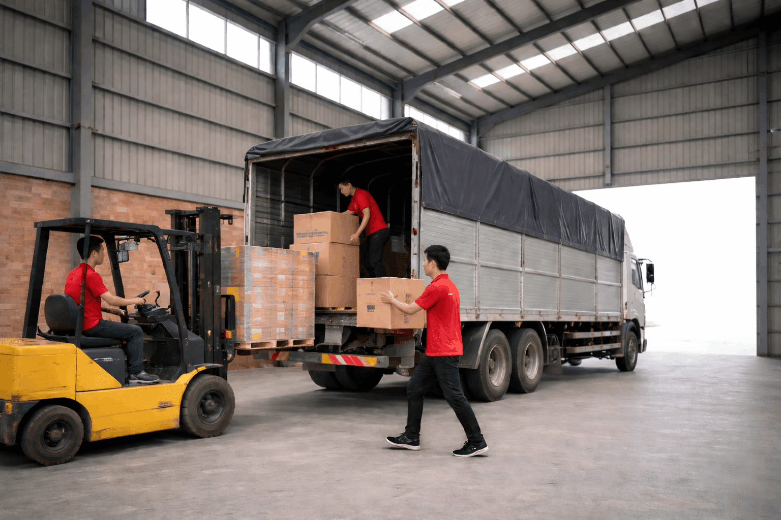 Nhân viên MCX Move vận hành xe nâng và bốc xếp hàng hóa trong kho tại Thái Bình