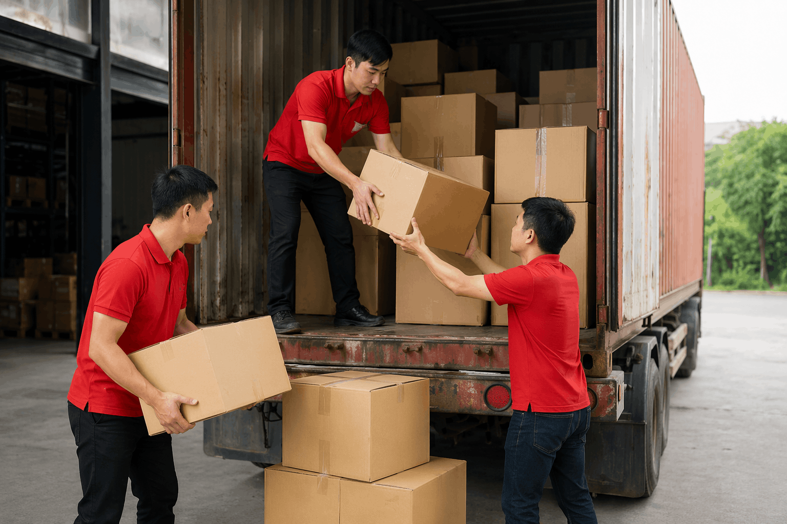 Bốc xếp Thái Nguyên nhân công MCX Move đang chuyển thùng hàng từ container