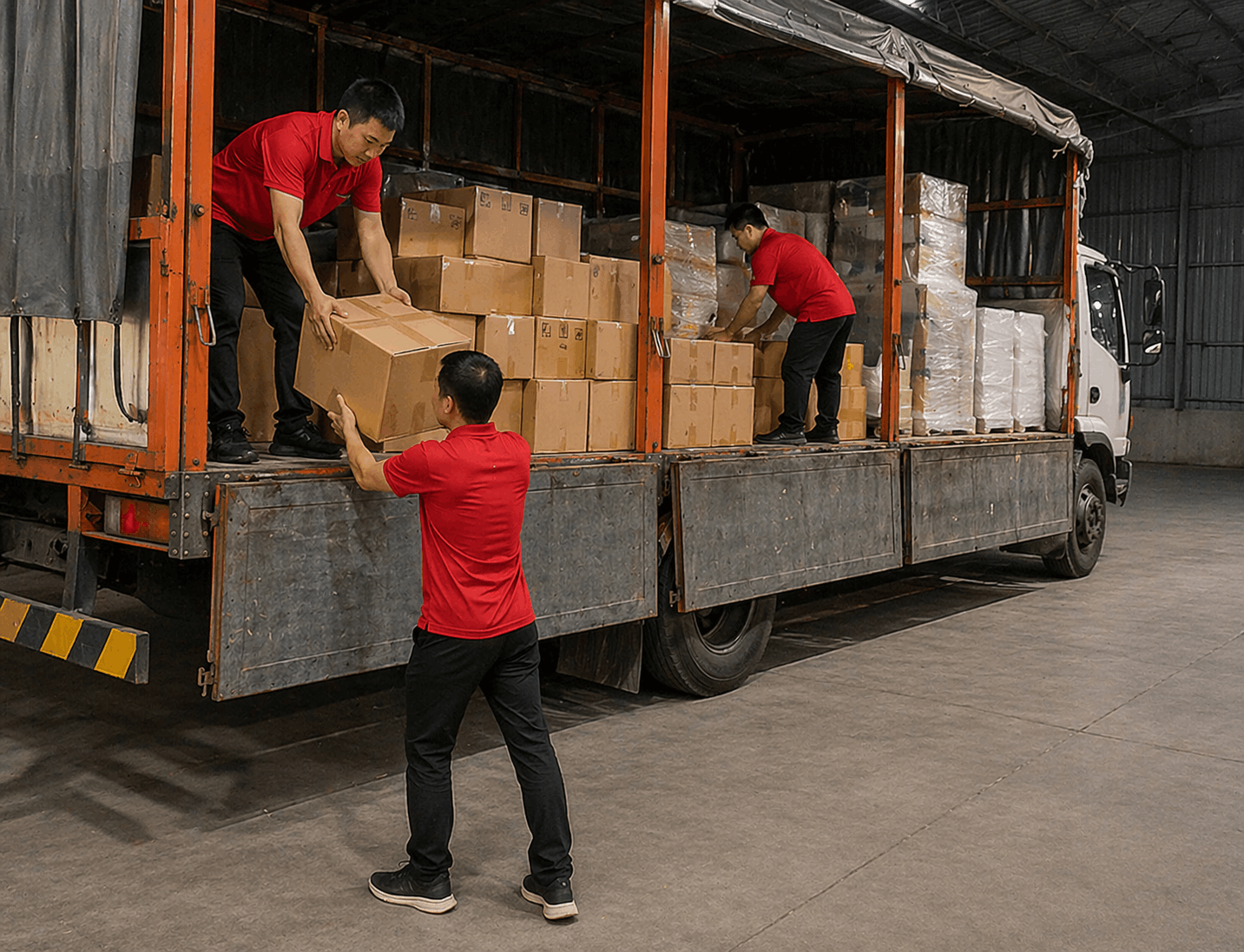 Bốc xếp Vĩnh Phúc nhân viên MCX Move xếp hàng lên xe tải trong kho
