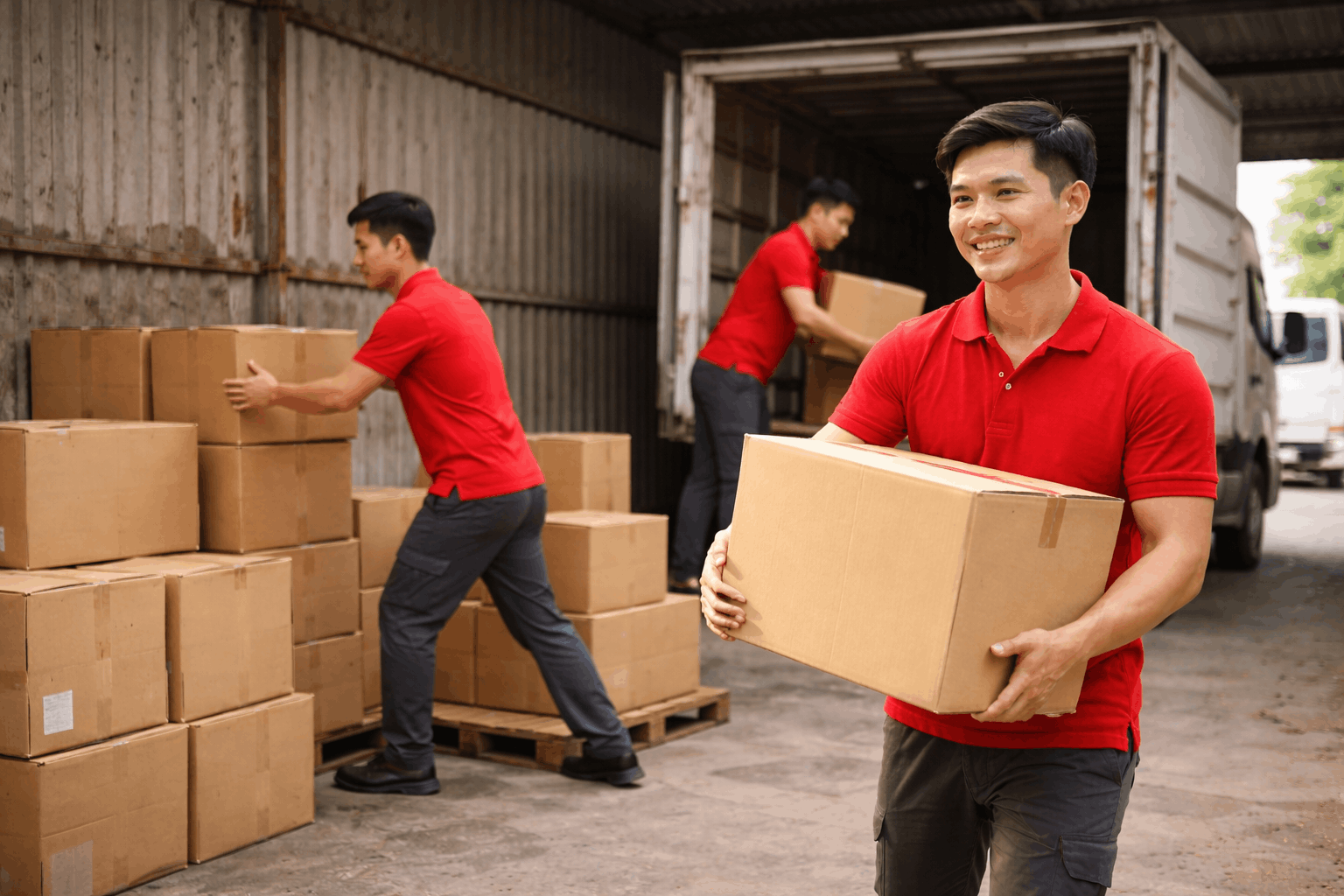 Bốc xếp Vũng Tàu tại kho nhỏ với nhân công đang bê thùng carton từ xe tải