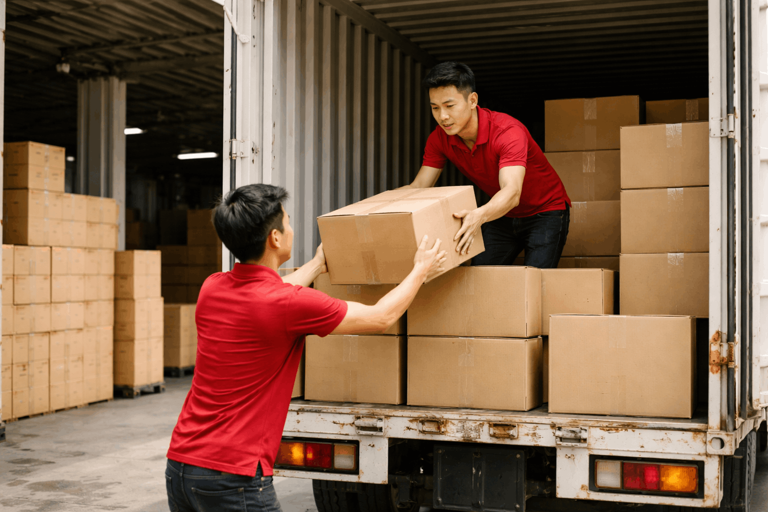 Nhân viên bốc xếp Bình Thuận của MCX Move đang chuyền thùng hàng từ xe tải xuống