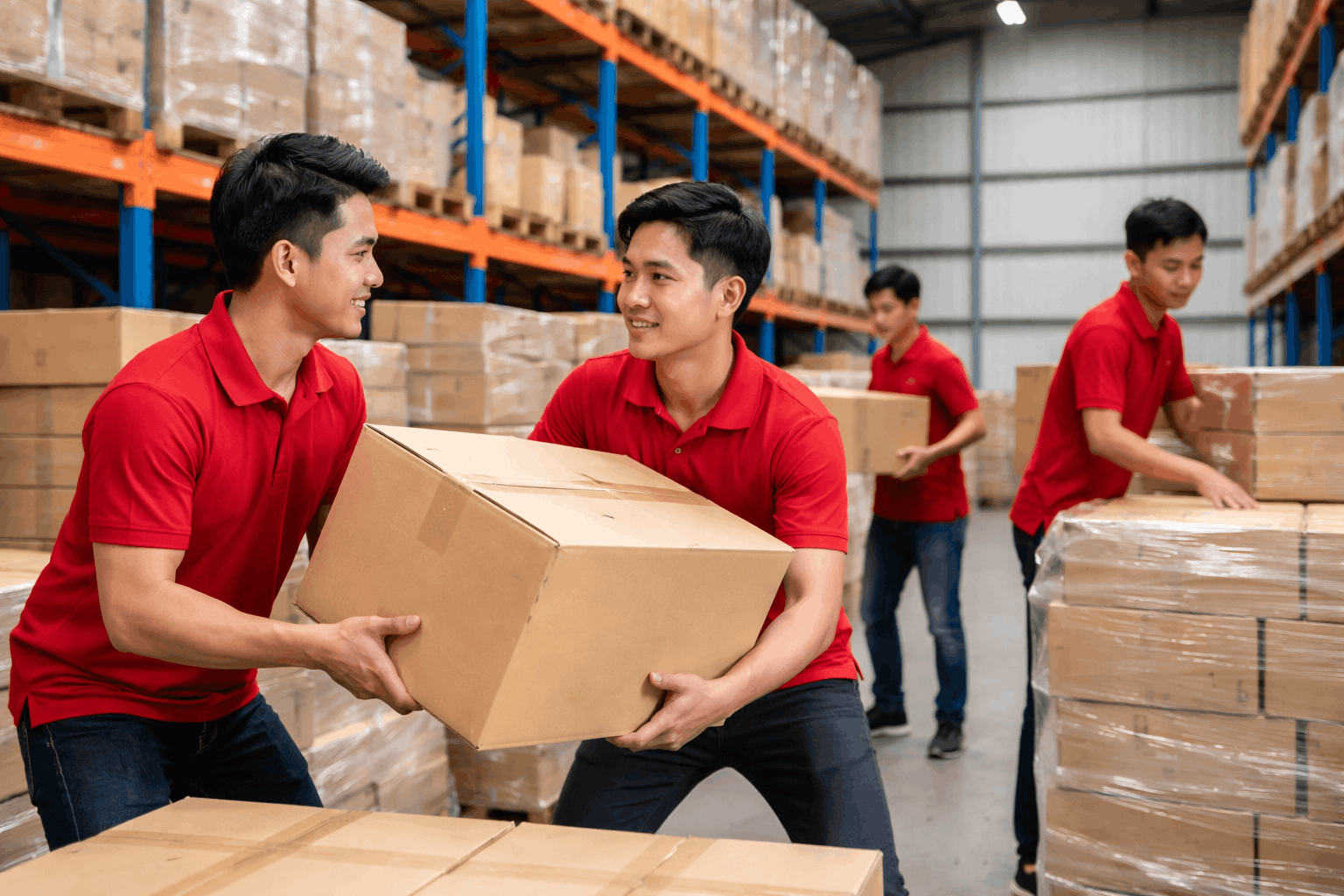 Dịch vụ bốc xếp Long An tại kho hàng, với đội ngũ nhân công chuyên nghiệp của MCX Move đang vận chuyển hàng hóa.