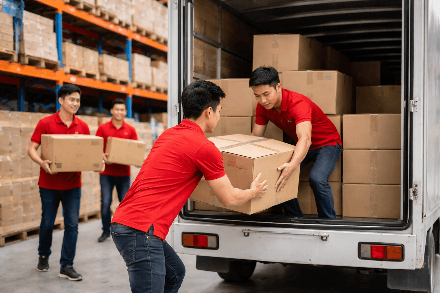 Dịch vụ bốc xếp Long An, nhân công MCX Move đang bốc hàng lên xe tải tại kho hàng.