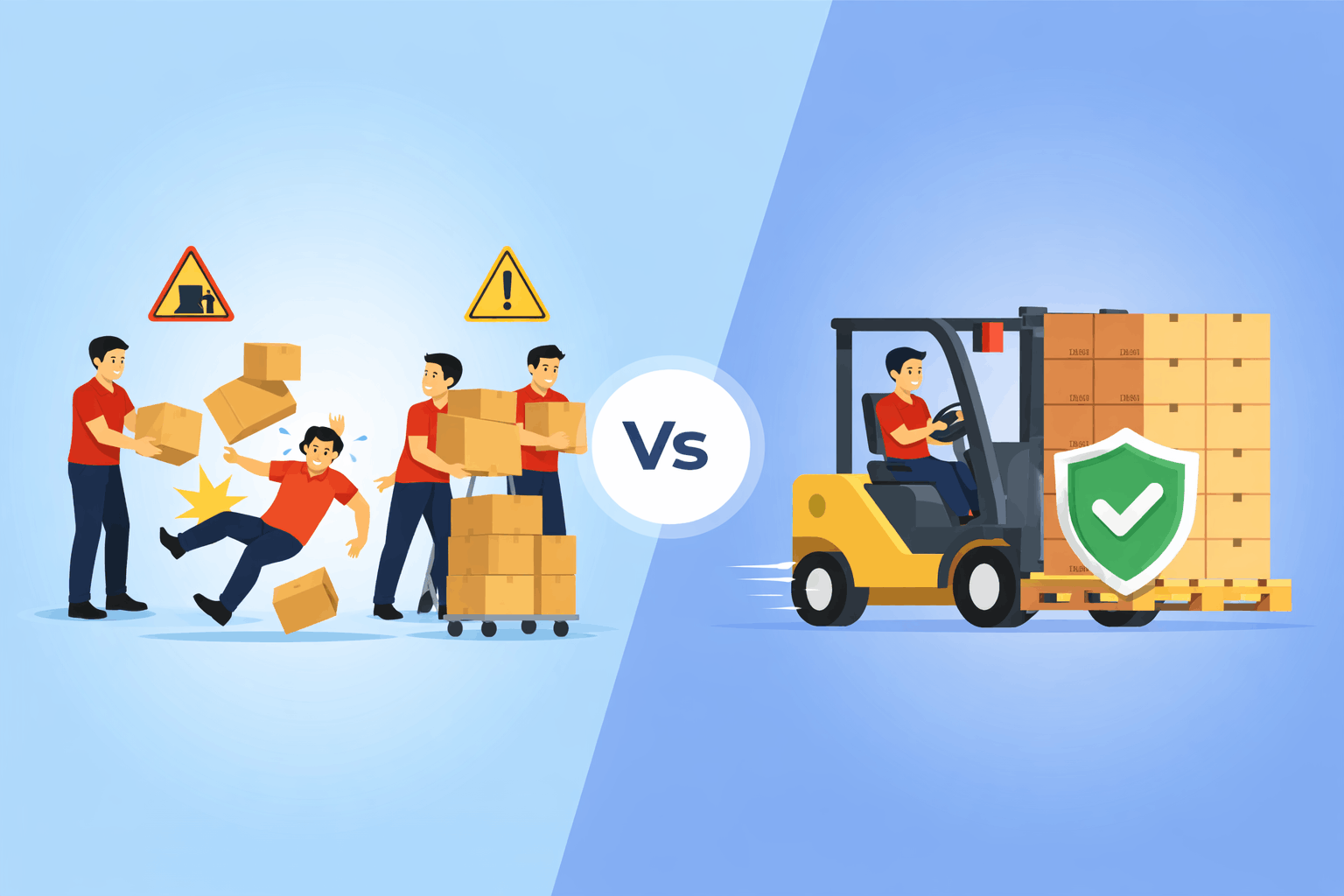 Rủi ro khi bốc xếp hàng hóa bằng nhân công so với xe nâng trong kho