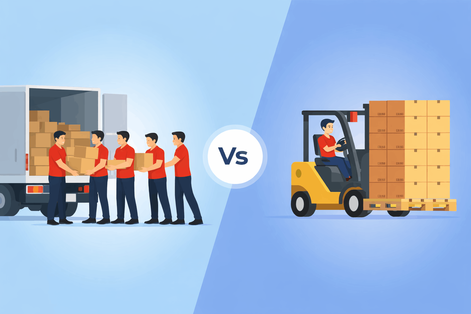 So sánh số lượng nhân công và xe nâng khi bốc xếp hàng hóa