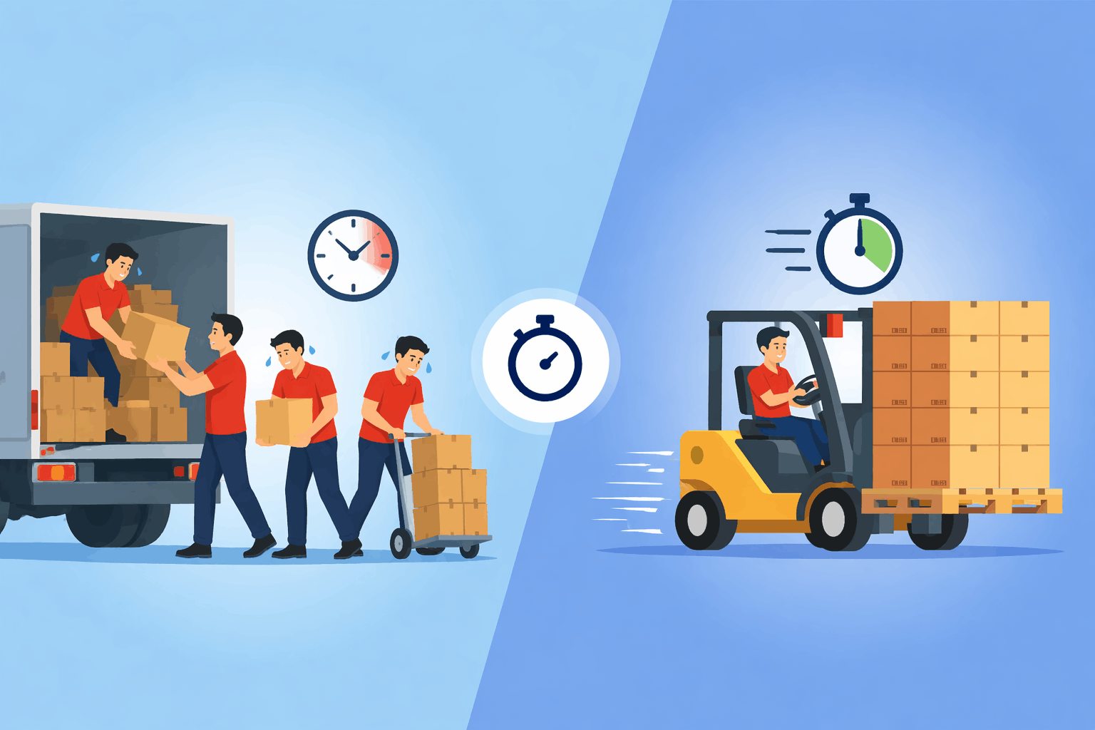 So sánh thời gian bốc xếp giữa xe nâng và nhân công trong kho hàng