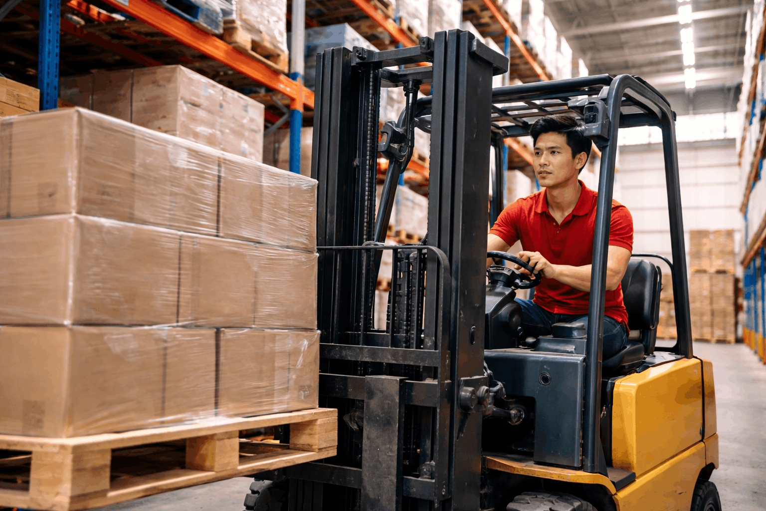 Nhân công bốc xếp TPHCM sử dụng xe nâng sắp xếp pallet trong kho xưởng