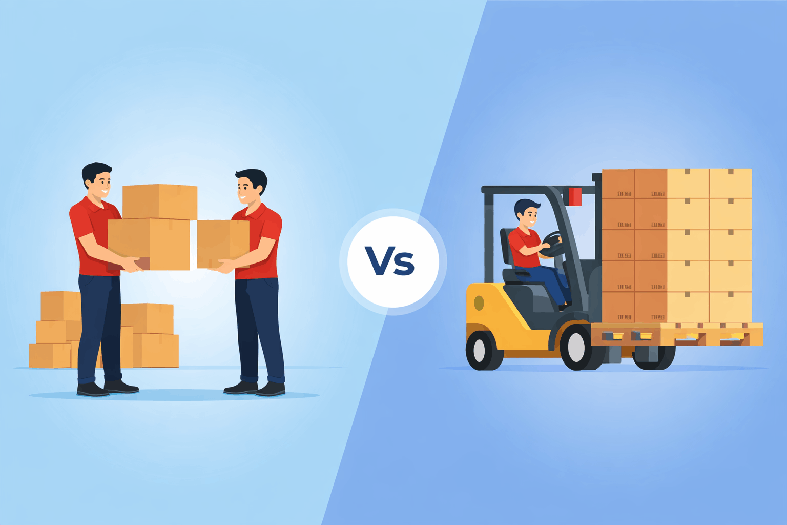 Xe nâng vs nhân công bốc xếp trong kho hàng minh họa so sánh trực quan