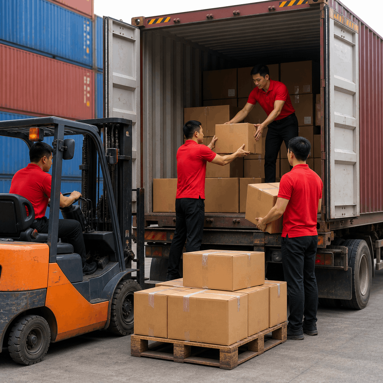 Nhân viên MCX Move đang bốc xếp hàng hóa từ container